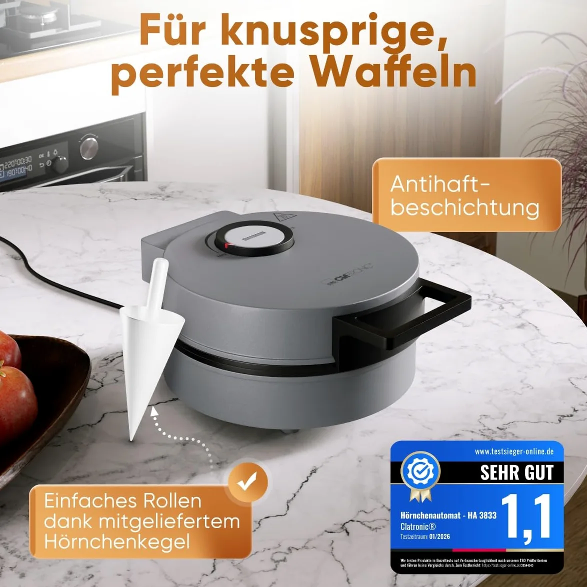 Clatronic® Hörncheneisen | Antihaftbeschichtung | inkl. Hörnchenkegel | stufenloser Regler für Bräunung nach Wunsch | Hörnchenautomat | 1200W | große Backfläche | Eiswaffeleisen | HA 3833