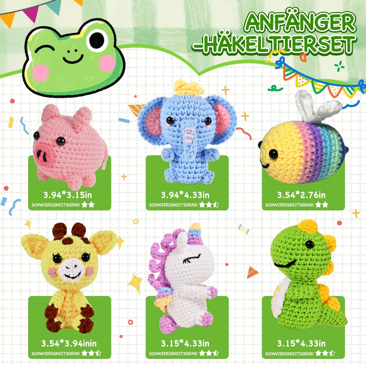 Alutaba 6Pcs Häkelset für Anfänger, Tier-Häkel-Set für Erwachsene und Kinder mit Videoanleitungen, DIY Strick-Set für Häkelliebhaber, Tolles Geburtstags- und Festtagsgeschenk Handgemachtes Geschenk