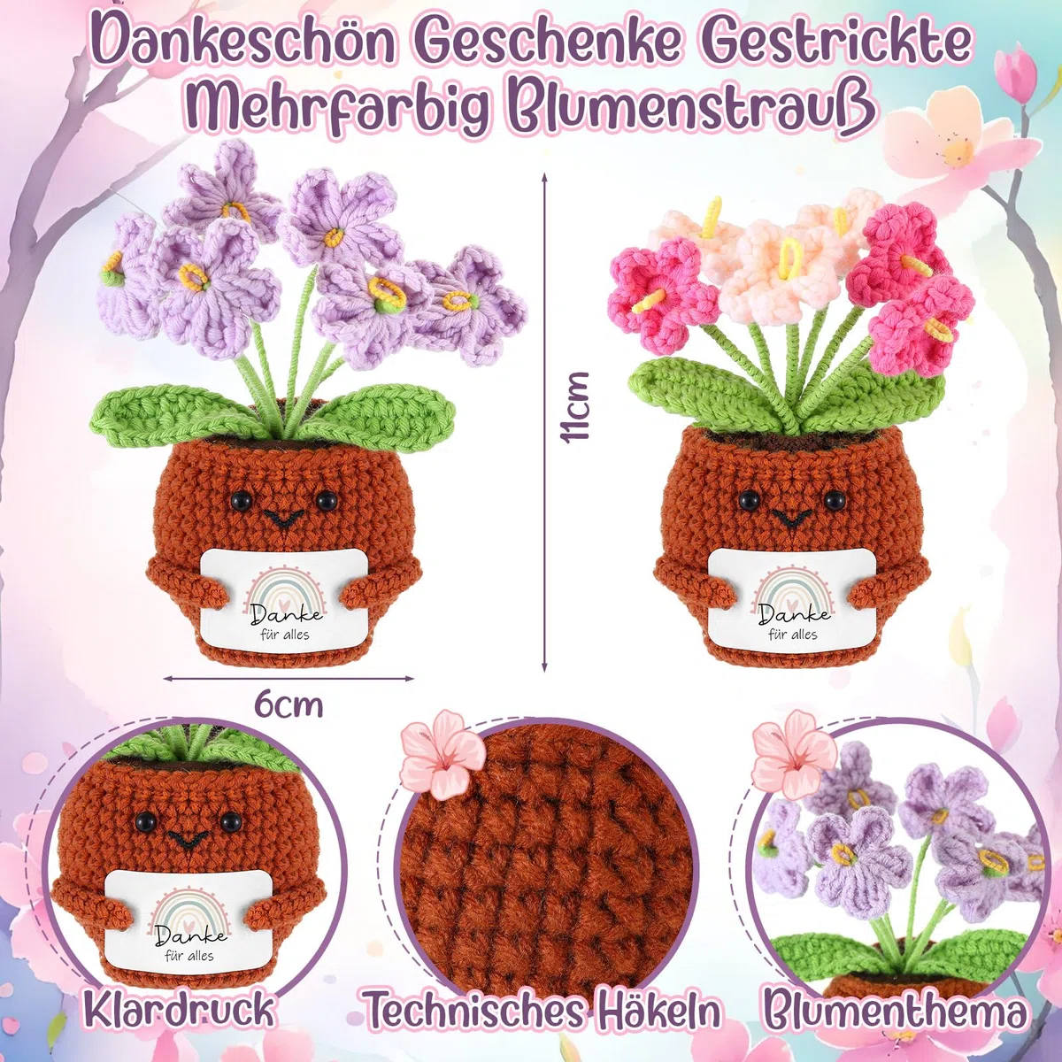 Namalu Dankeschön Geschenk 2er Set Häkel Blumentopf Puppen mit Karte „Danke für Alles“ - Mini Positive Gehäkelte Blumen Geschenk für Lehrer & Kollegen zum Abschied, Geburtstag & Abschluss
