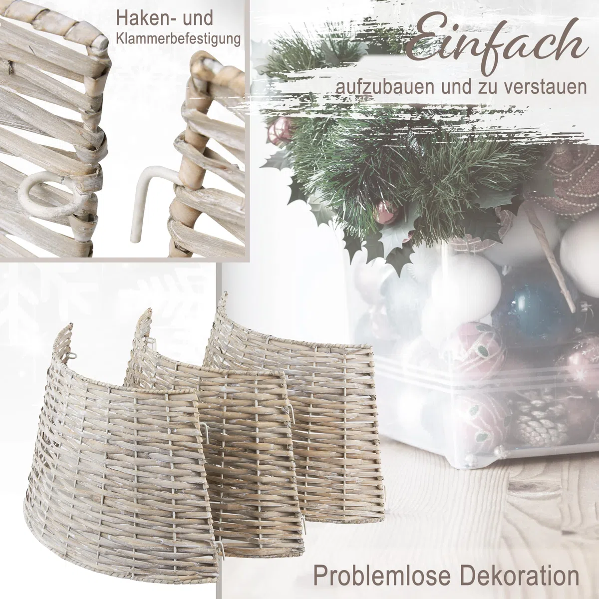 DECO EXPRESS Weihnachtsbaum Rock, Geflochtener Korb für Tannenbaum, Abdeckung Christbaumständer, Deko für Weihnachten, 40 x 27 cm (Hellbraune Weide, Top 40cm/Base 56.5cm)