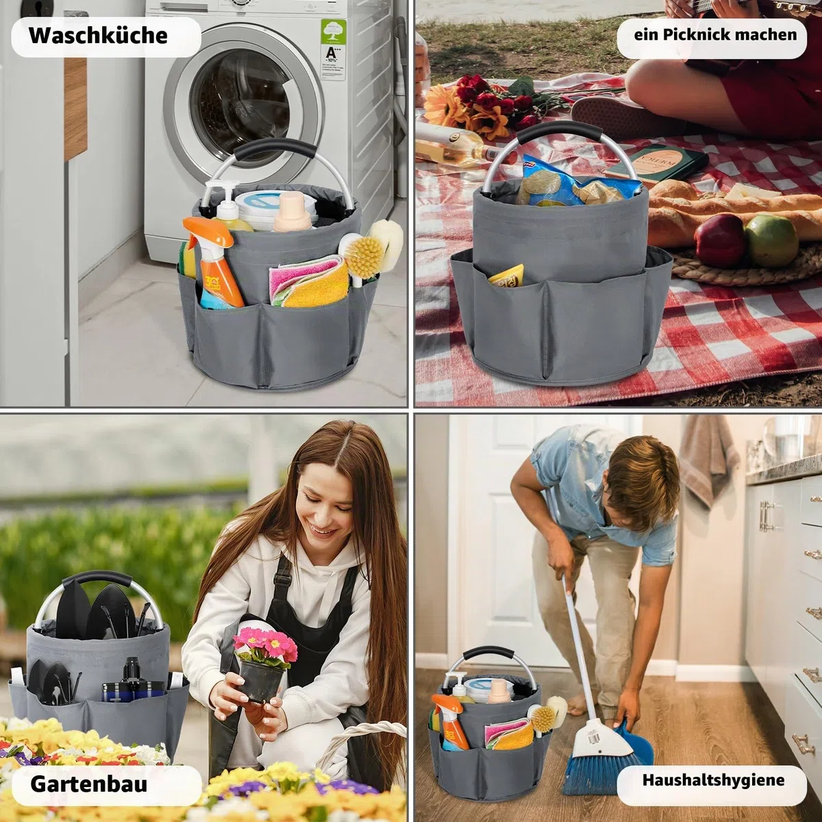 Reinigungs-Caddy-Organizer mit Griff, faltbar, Grau | Reinigungseimer, Werkzeugtasche mit mehreren Taschen, Für Reiniger und Haushälter