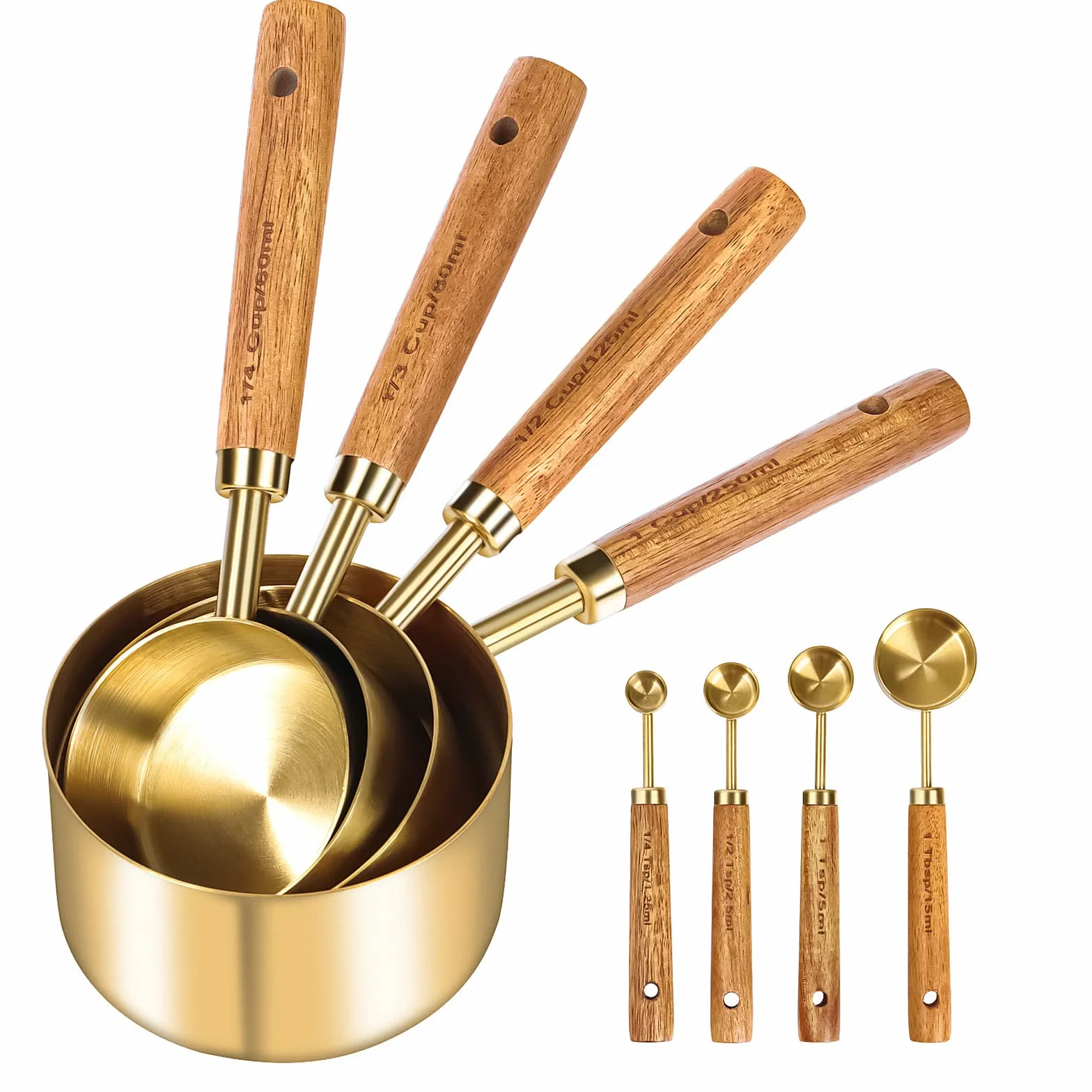 Cuteefun Messbecher und MesslöFfel, 8 Stück, Holzgriff, Mit Metrischen und US MaßEn, Premium Edelstahl, Gold Poliert, Trockener & FlüSsiger Messbecher, Zum Kochen und Backen