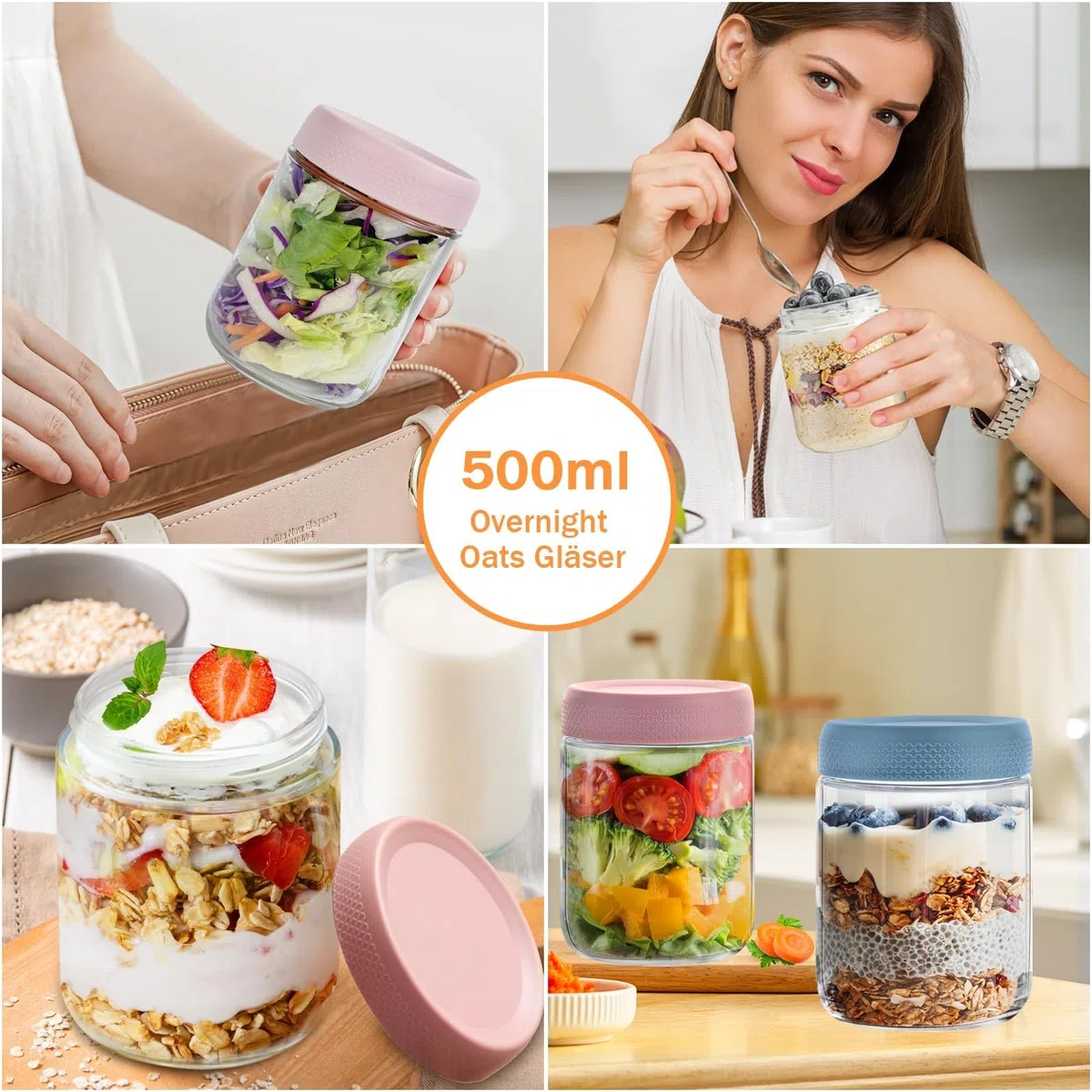 500ml Overnight Oats Gläser, 6 Pack Meal Prep Gläser mit Deckel und Löffel, Wide Mouth Gläser mit Deckel,Joghurtsnacks Obst, Salat Dressing, Sauce, Getreide-Leck Proof