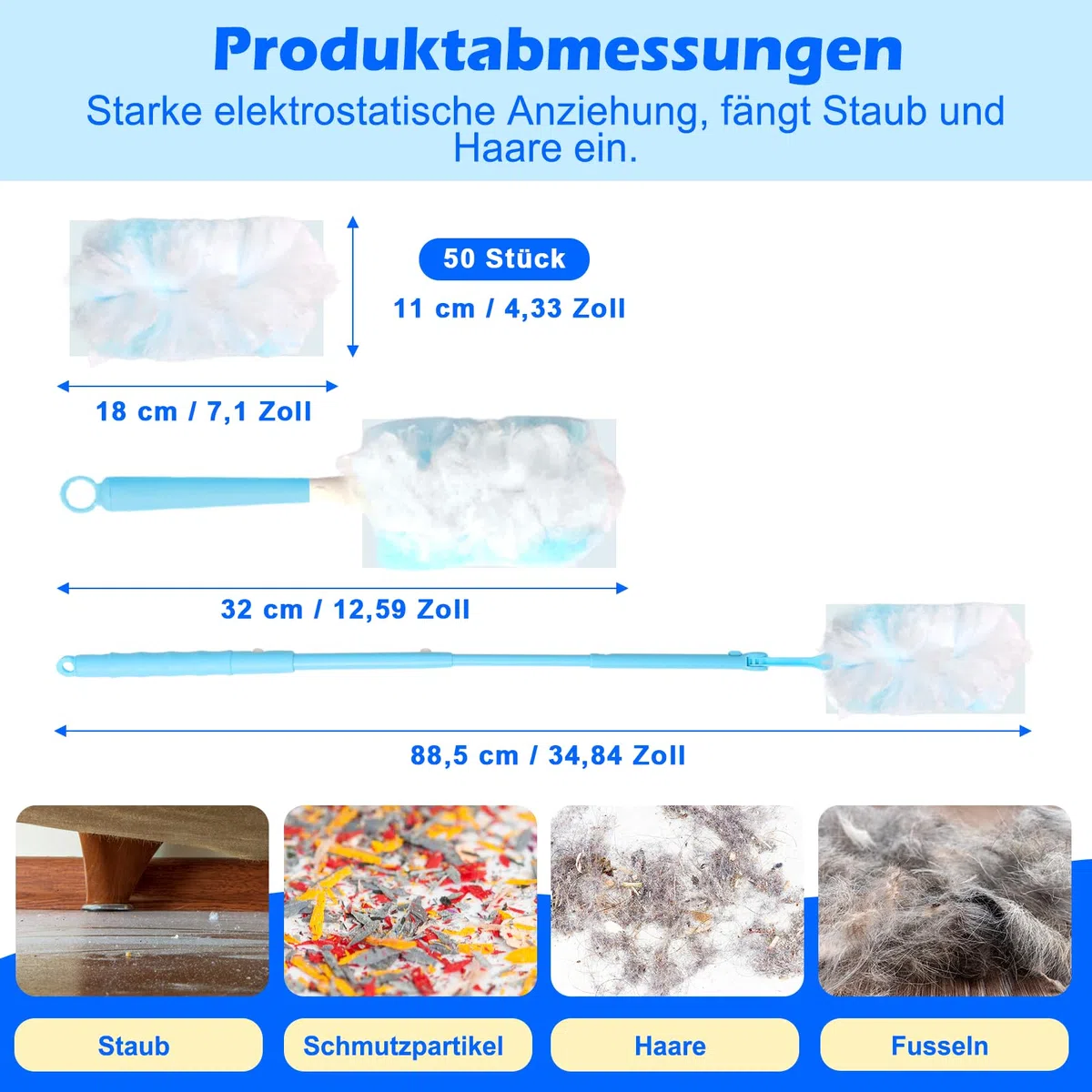 50 Stück Staubmagnet Nachfüllpack Kompatibel mit Swiffer Staubmagnet & Duster, Einweg Staubwedel mit 2 Griffen für Tierhaare Staub Schmutz Reinigung