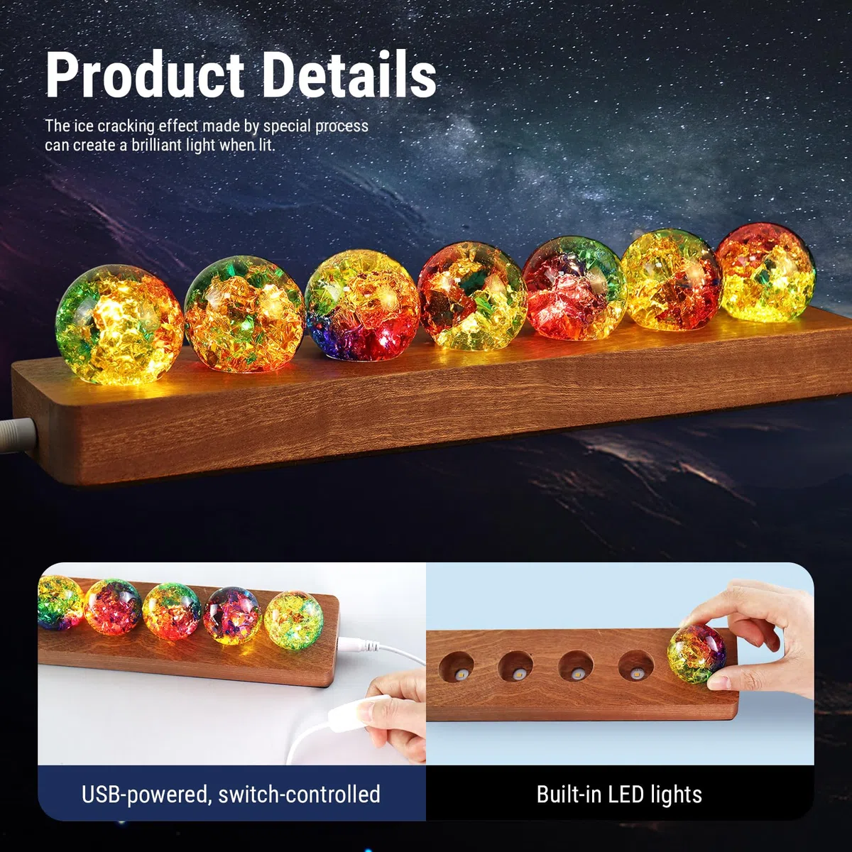 LOSCHEN 7 Bunte Crackle-Kugeln mit LED-Sapele-Holzsockel, dekorative Eiskrackle-Kugeln mit positiver Energie, Set mit natürlichen Heilkugeln für Zuhause, Yoga, Meditation und Geschenke