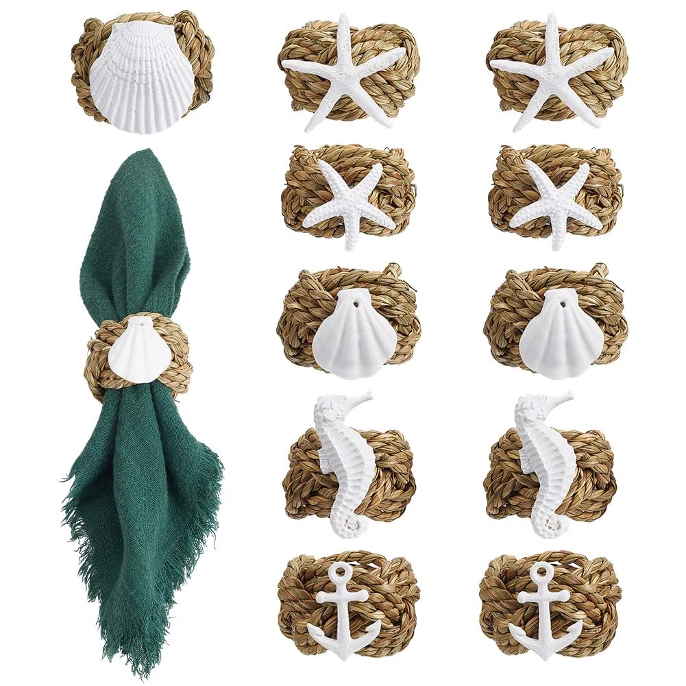 NBEADS 12 Stück 6 Stil Serviettenringe, Gras gewebt mit Harz Seestern Seepferdchen Muschel Anker Ornamente Nautische Serviettenhalter für Strand Hochzeit Dinner Party Tisch Dekor