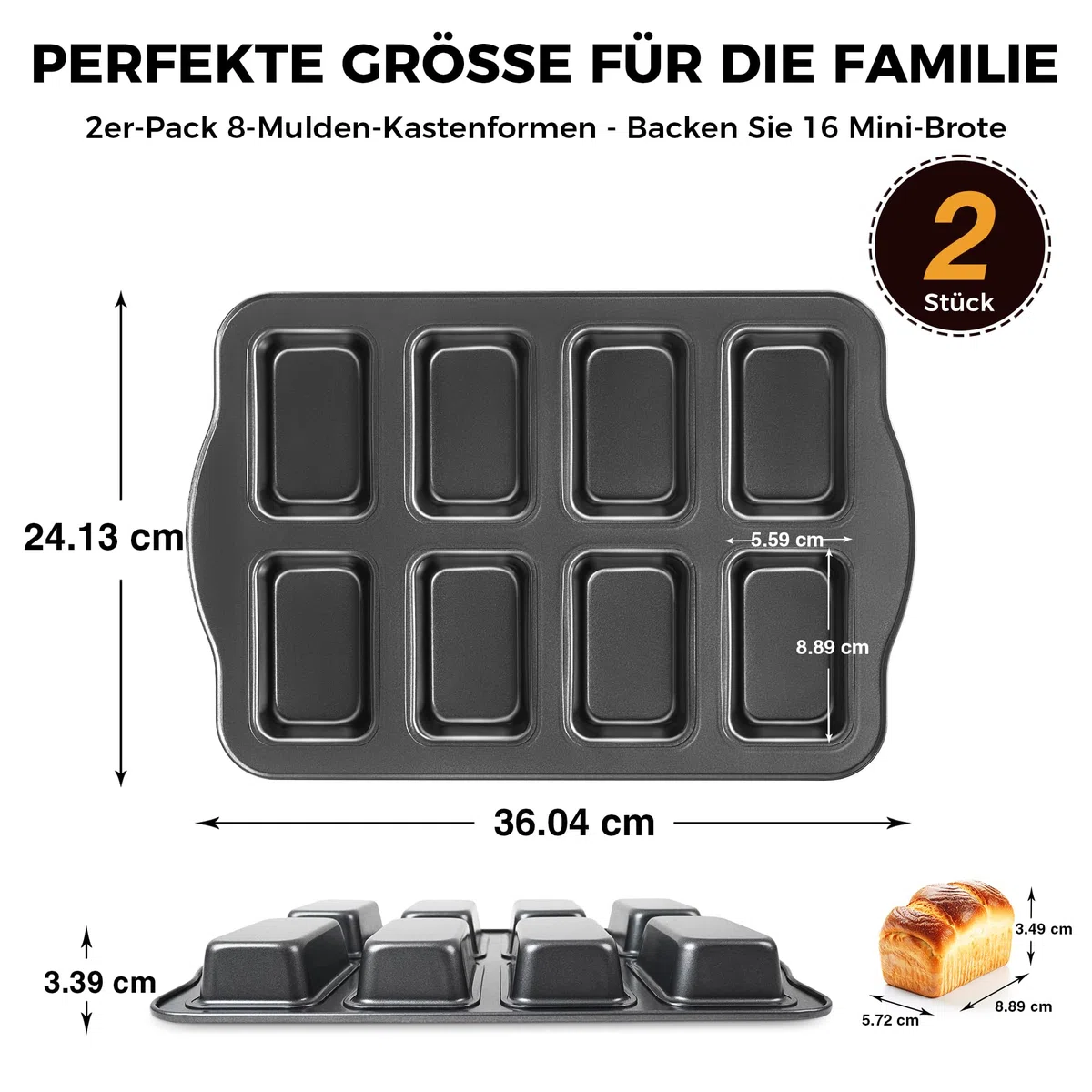 HONGBAKE 2er-Set Mini-Kastenform, 8-fach Antihaft Brotbackform (36x24cm) aus Karbonstahl, BPA-frei & spülmaschinenfest für Mini-Bananenbrot, Brownies, Brot