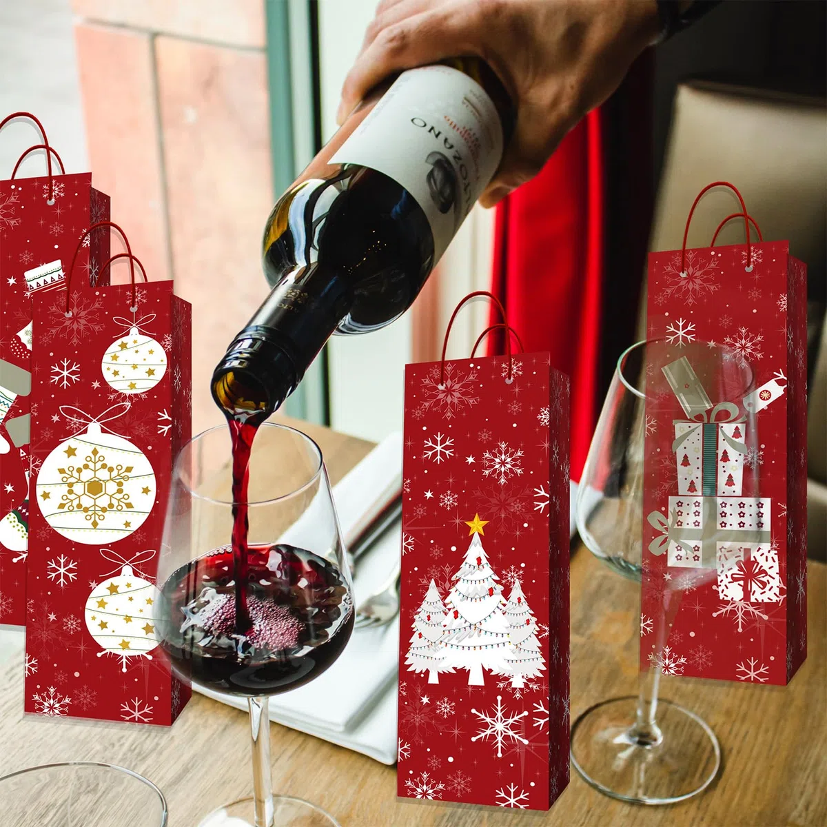 MORAINJAY 12 Stück Weihnachts Flaschentaschen, Geschenktüten für Wein Spirituosen mit Griff, Geschenkverpackung für Flaschen, Flaschenbeutel Weihnachtsgeschenke