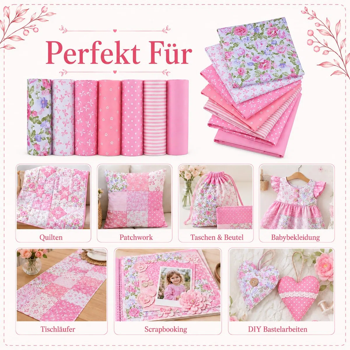 Patchwork Stoffe Paket – 7 Stück 40×50 cm – 100% Baumwolle Stoffe – Fat Quarter Stoffpaket Rosa Punkte & Blumen – Baumwollstoff für Nähen, Quilten, Patchwork, Basteln, DIY Projekte