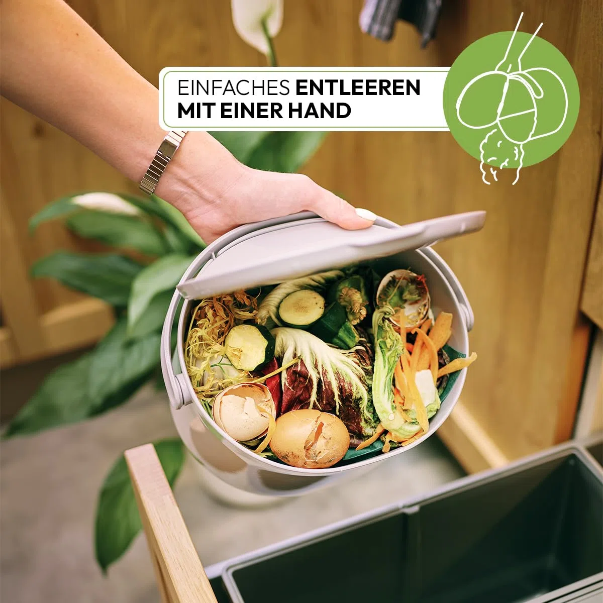 Skaza Daily Biomülleimer Küche 3,3 Liter – mit Deckel und Henkel – Einhändiges Öffnen – Abfalleimer aus Postconsumer-Recyceltem Kunststoff (Cremeweiß)