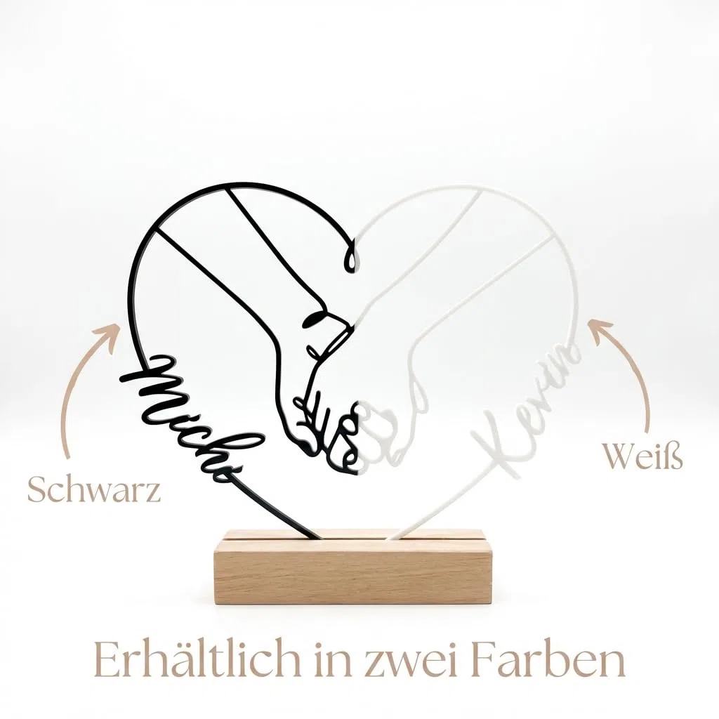 Hochzeitsgeschenk personalisierte Acrylglas Deko mit Namen – Hände Motiv – 15x20 cm – Lasergeschnitten – Schwarz oder Weiß – Holzsockel – Geschenk zur Hochzeit, Jahrestag & Valentinstag (Typ4) AC