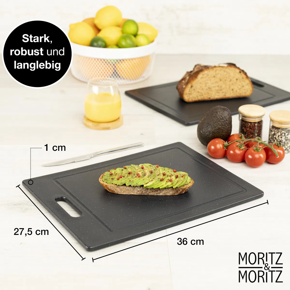 Moritz & Moritz 2x Schneidebretter Kunststoff - 36 x 27,5 cm - Schneidebretter BPA frei - Küchenbretter Granitoptik - Cutting Board mit Antirutschfüßen, Eingriffsöffnung - Schneidebrett mit Saftrille