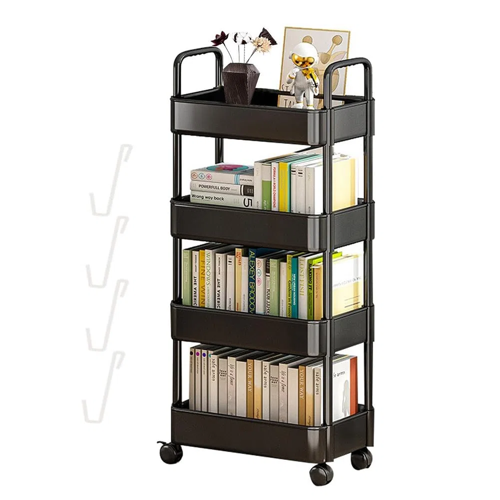 Beweglicher Bücherregalwagen Drehbarer Abnehmbarer Multifunktionaler Rollwagen aus Kunststoff Schreibtisch Bücherregal Schreibtisch Organizer mit Rädern (schwarz,Vier Fächern)