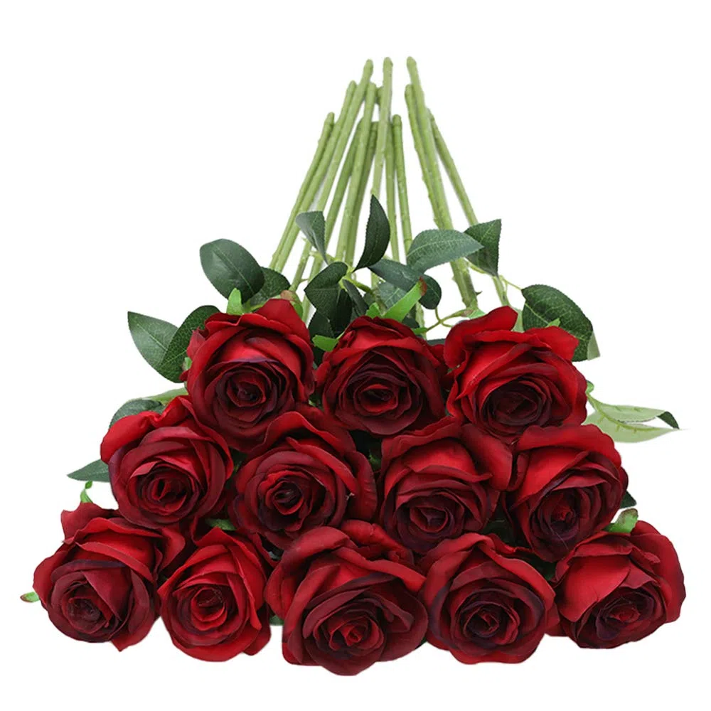 Tifuly 12 Stück künstliche Rosen, künstliche Seidenblumen mit einfachem Stiel, 40,6 cm, realistische Blume für Party, Garten, Familie, Hotel, Hochzeitsdekoration, Blumendekor (Burgund)