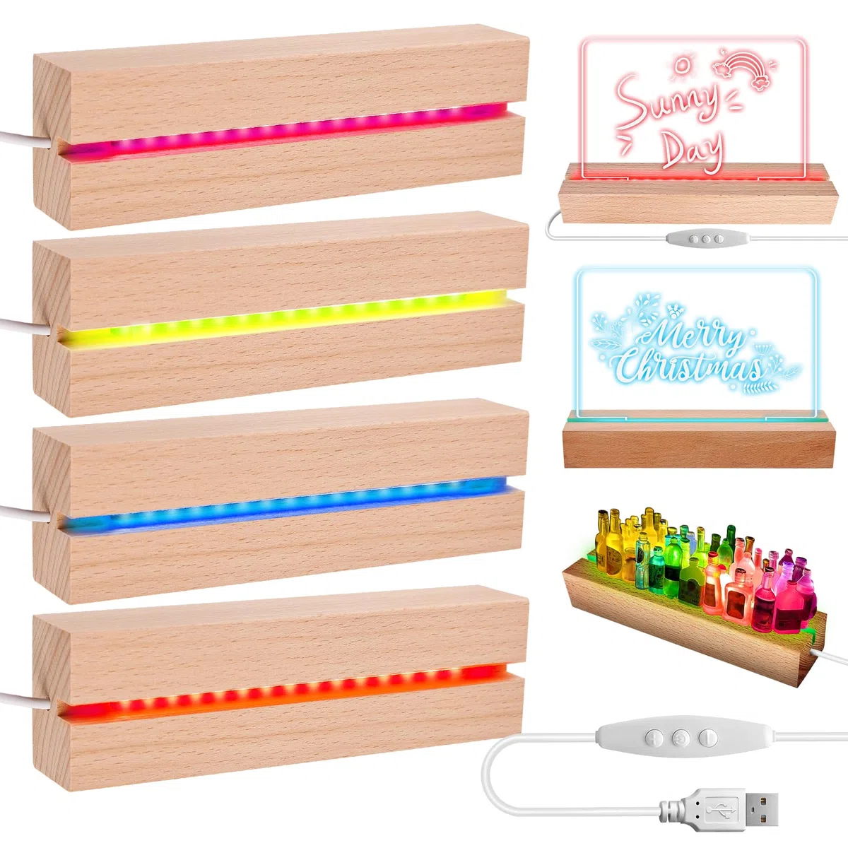 BORDEAG LED Sockel Holz, 4 Stück LED Lichter Display Basis, Lichtsockel Ständer USB, Rechteckige Beleuchteter Holzsockel, Desktop LED Leuchten Sockel Für Acrylplatten Kristallkunst Glasplatte-Bunt