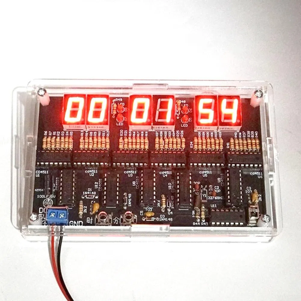 Digitale Uhren, Module, 6 Bits, digitale LED-Elektronikuhr-Kits, PCB-Lötübung, Lernbrett, DC 5–5,5 V Netzteil (Teile + Gehäuse)