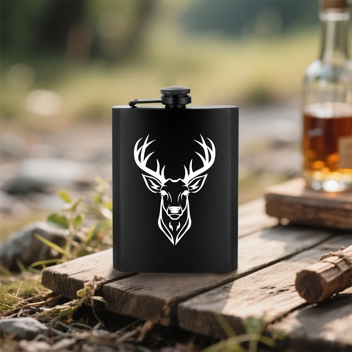8oz/237ml Edelstahl Flachmann, Taschenflasche, mit Trichter und Grußkarte, Geschenkbox, Weißer Hirschkopf Muster, Geschenk für Outdoor Flachmann, Perfekt für Camping, Wandern und Outdoor Aktivitäten