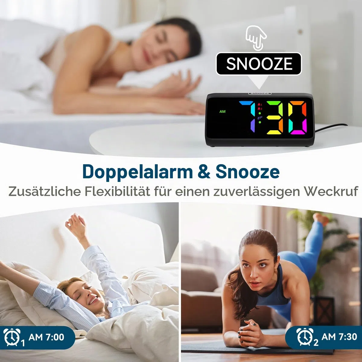 Lauter Wecker für Tiefschläfer, Digitalwecker mit Bunte Display, Doppelalarm, 5 Helligkeitsdimmer, 4 Lautstärken, Abschalt-Speicher, Wecker Nachttisch für Kinder Jugendliche Ältere Schwerschläfer