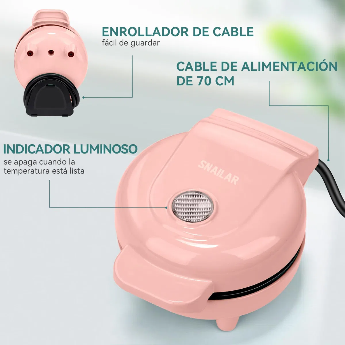 SNAILAR Mini Waffeleisen Belgische Waffel Maschine Kleines Waffeleisen Klassische, für Kindergeburtstage, Familienfeiern, Ostern oder Weihnachten, Niedlich kompaktes Design, 550 Watt, Rosa