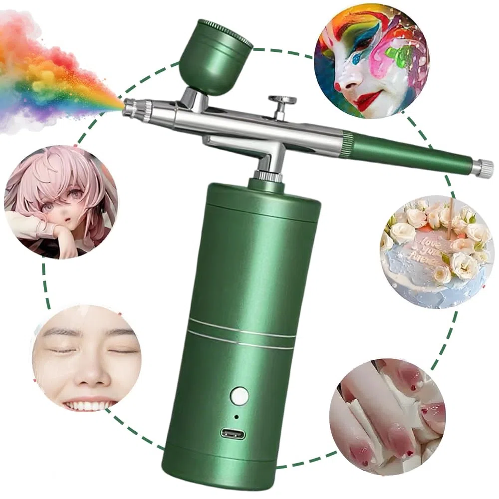Kabelloses Airbrush Set mit Kompressor – Tragbare Airbrushpistole für Kuchendekoration Nageldesign Make-up Tattoos Modell- und Gesichtsbemalung (Grün)