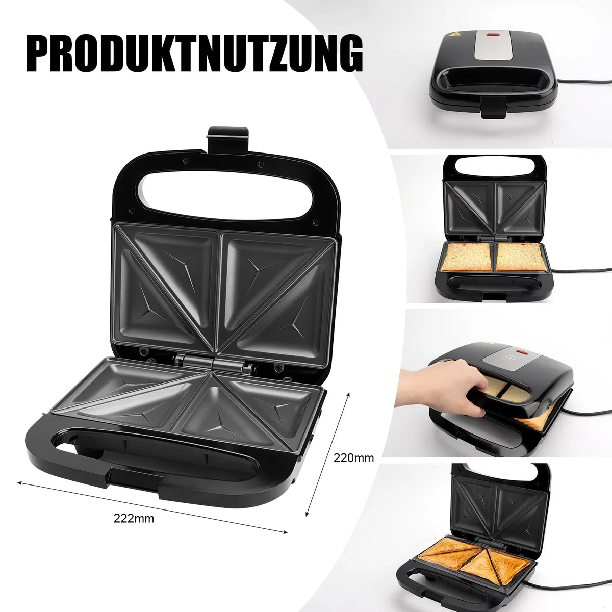 Sandwichmaker, 750W Sandwichtoaster, Antihaft-Beschichtung, Aufwärm-Anzeige, Cool Touch Gehäuse, Ideal für Sandwiches, Pancakes, Omeletts & Steaks