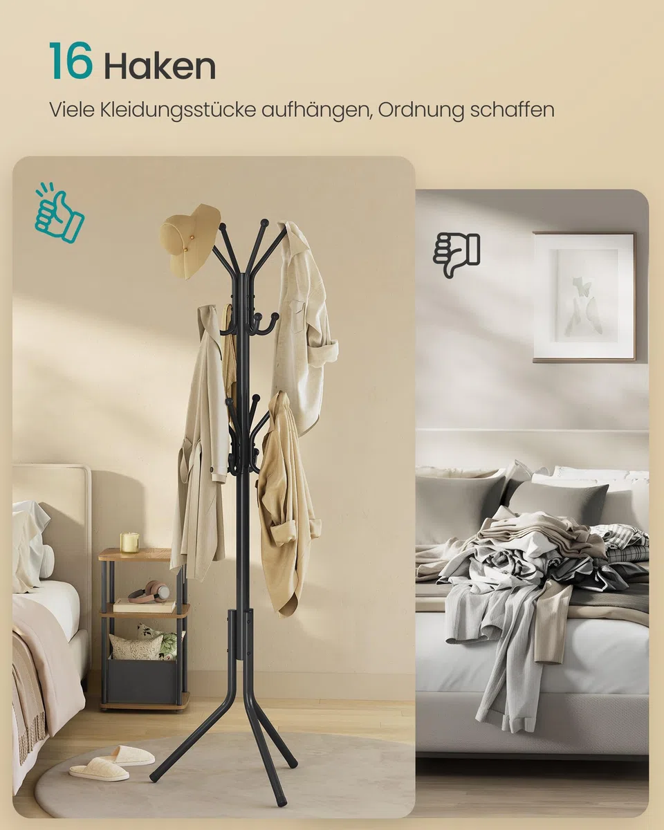 SONGMICS Kleiderständer, Garderobenständer aus Metall, Garderobe, für Kleidung, Taschen und Hüte, Höhe 175 cm, mit 16 Haken, Eingangsbereich, Wohnzimmer, Schlafzimmer, tintenschwarz RCR081BH01