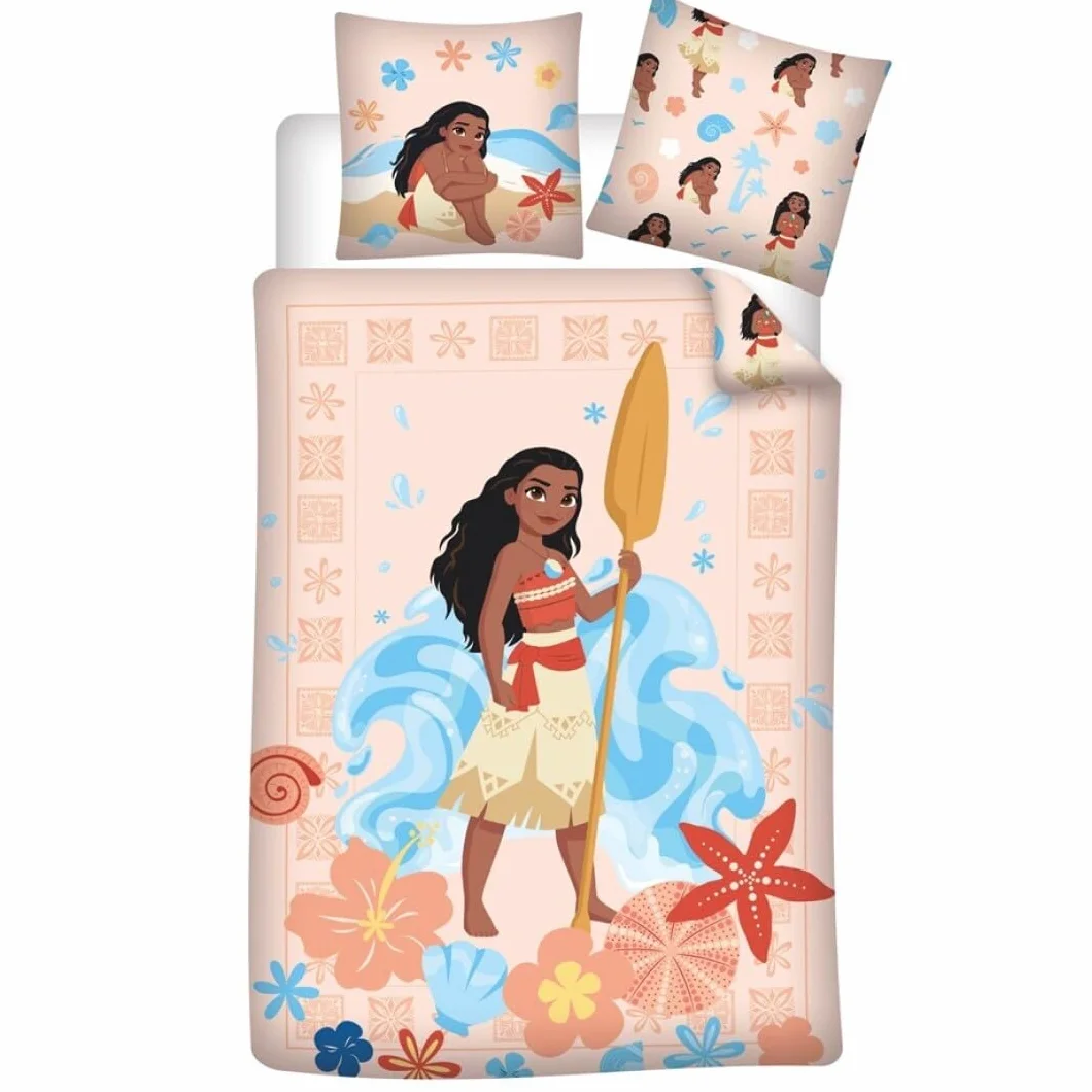 Vaiana Kinderbettwäsche 140x200 + Kissenbezug 65x65 100% Baumwolle Knöpfe | Wendebettwäsche Einzelbett | Naturbaumwolle atmungsaktiv Oeko-Tex | Disney | Mädchen | Knopfverschluss | Maschinenwaschbar