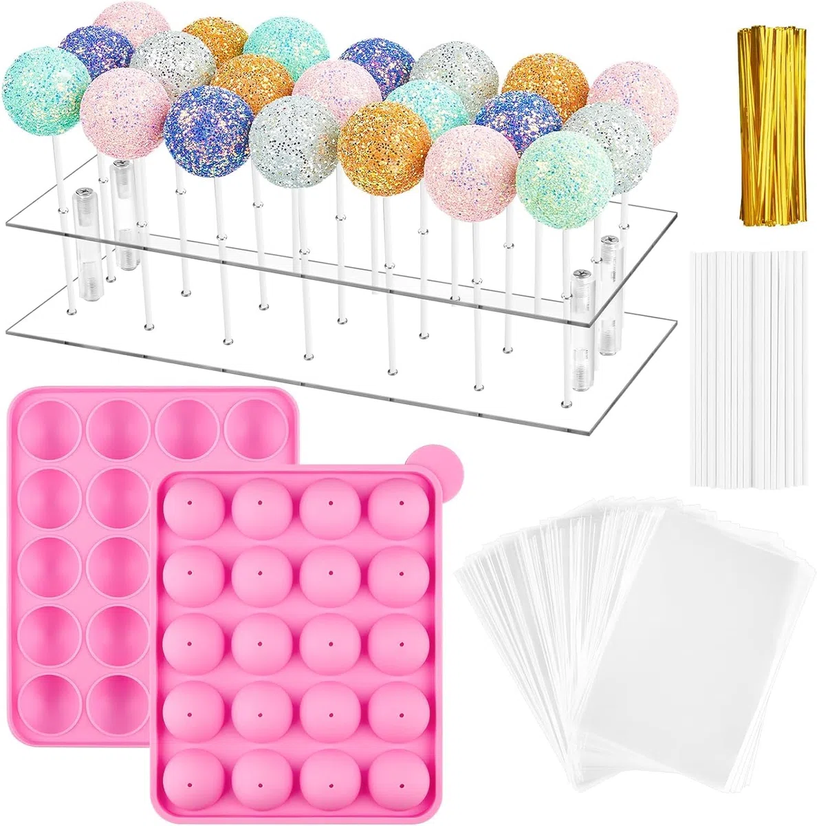 Cake-Pop-Form-Set, komplettes Set mit 1 x 20 Mulden, Silikon-Kuchenform, 21 Löcher, transparenter Acryl-Lutscher-Halter, 100 x transparente Beutel, 100 x Stäbchen und 100 x Bindebänder