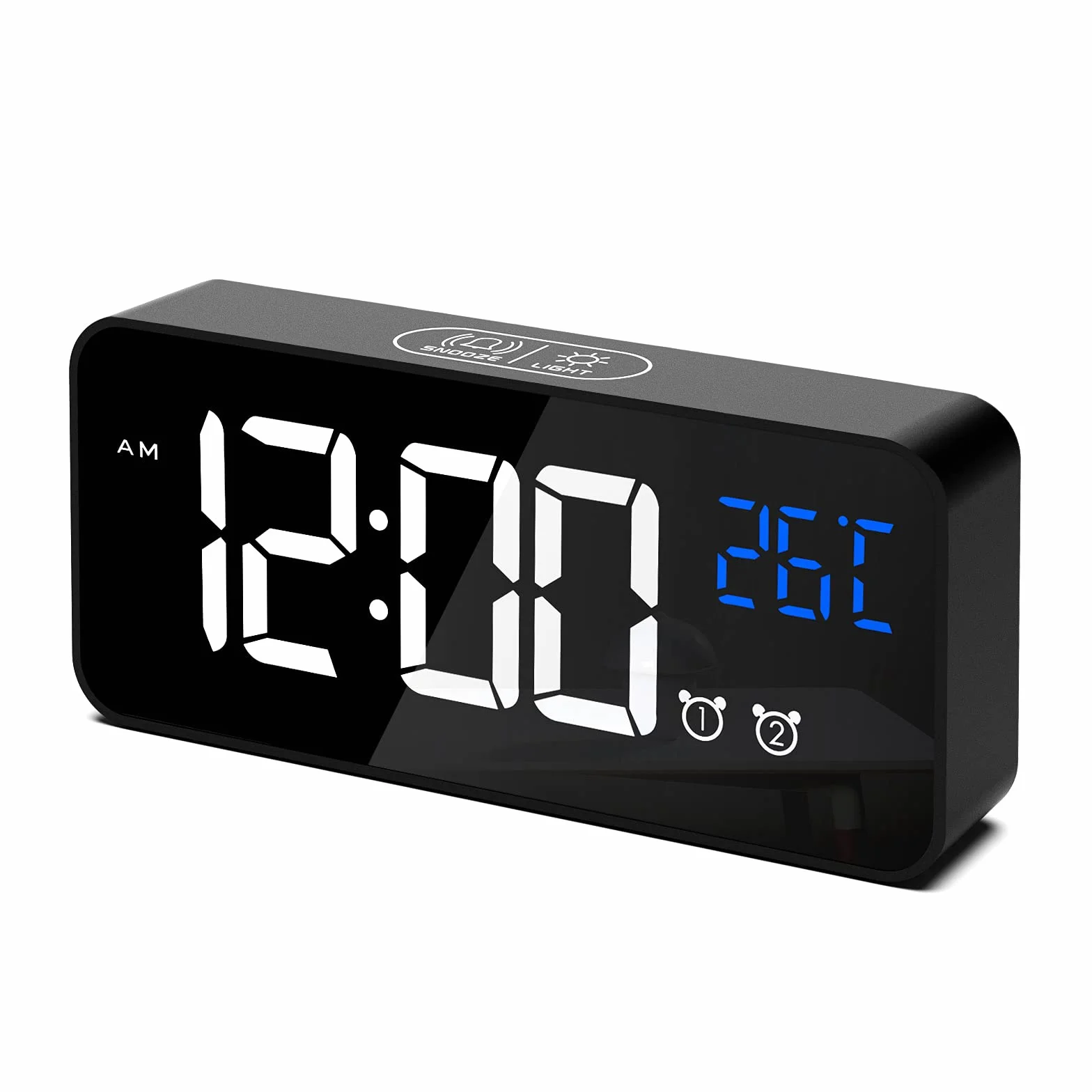 CHEREEKI Digitaler Wecker, LED Digitaluhr mit Temperaturanzeige Tragbarer Spiegelalarm Tischuhr mit 2 Alarmen 10 Alarmtöne USB Wiederaufladbar 4 Helligkeit und Lautstärke Regelbar, 12/24 Stunden