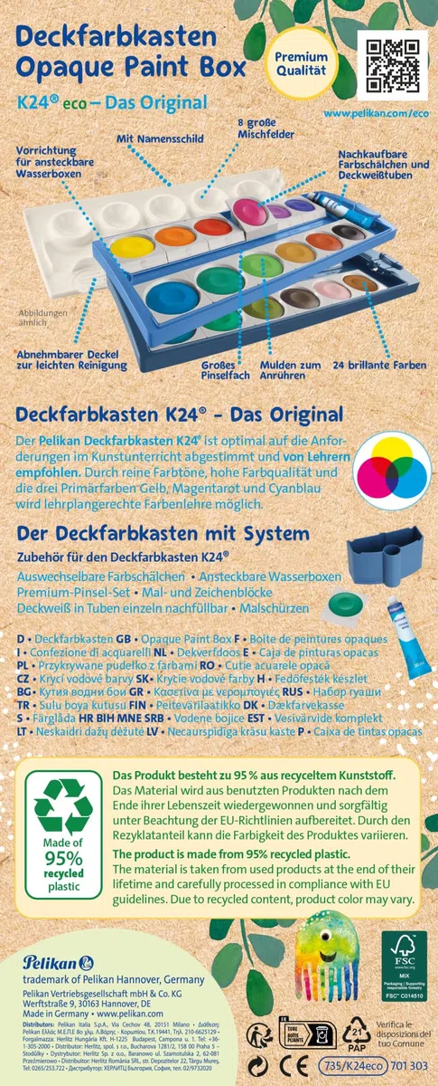 Pelikan Farbkasten K24 eco, Deckfarbkasten mit 24 Farben, inkl. Deckweiß, aus recyceltem Kunststoff, 701303