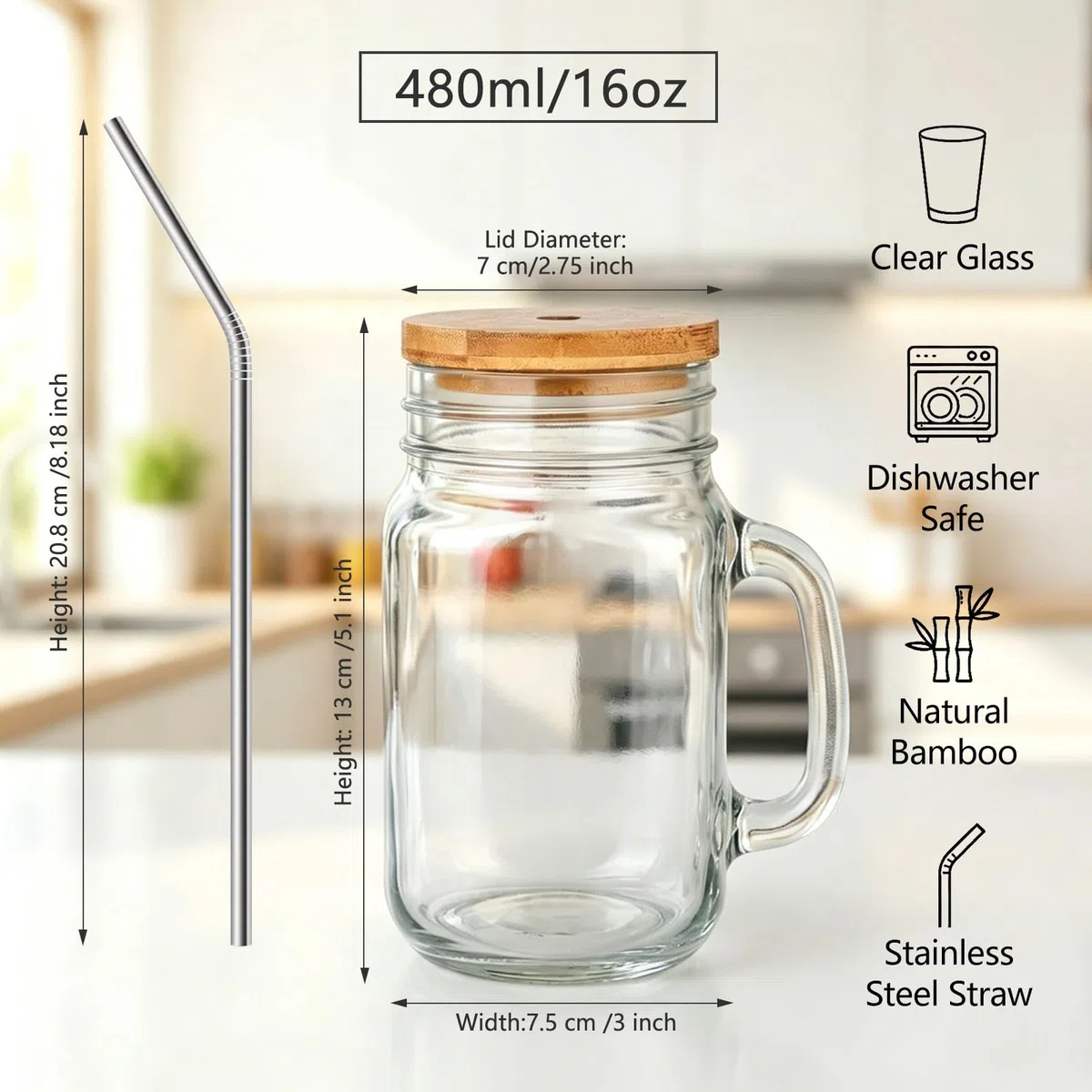 OAMCEG 6 Stück Glas mit Deckel und Strohhalm – 480ml Glasbecher mit Henkel und Holzdeckel – Wiederverwendbare Mason Jar Gläser für Saft, Iced Kaffee, Matcha, Smoothies, Kinder & Geschenk