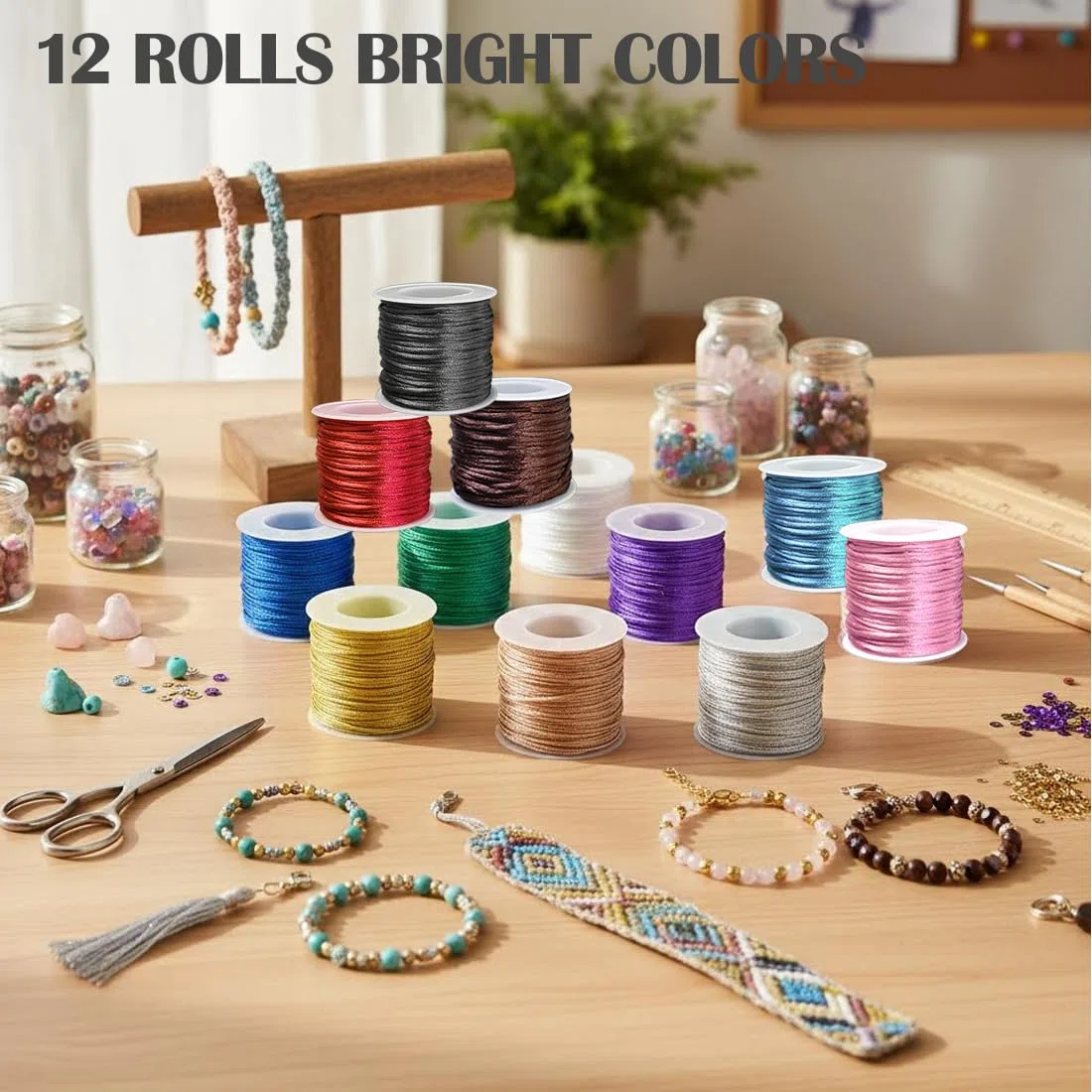 Ewpart 12 Rollen 2mm Nylon Schnur für Armbänder Nylonschnur für Armbänder, Schmuck, Rattail Satin Schnur für Kumihimo, Perlen, Lanyard, Halskette, Schlüsselanhänger, Makrame, Flechten Seidenseil