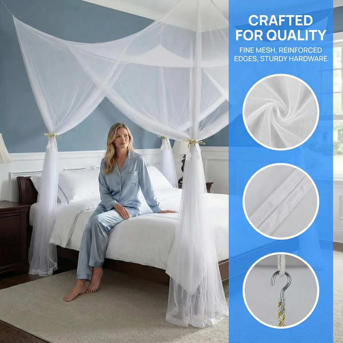 Moskitonetz Doppelbett und Einzelbett 190x210x240cm Moskitonetz Bett Mückennetz 4 Öffnungen Premium Mückenschutznetz mit Aufhängeset Mosquito Net Bed für Schlafzimmer Camping Reisen Weiß