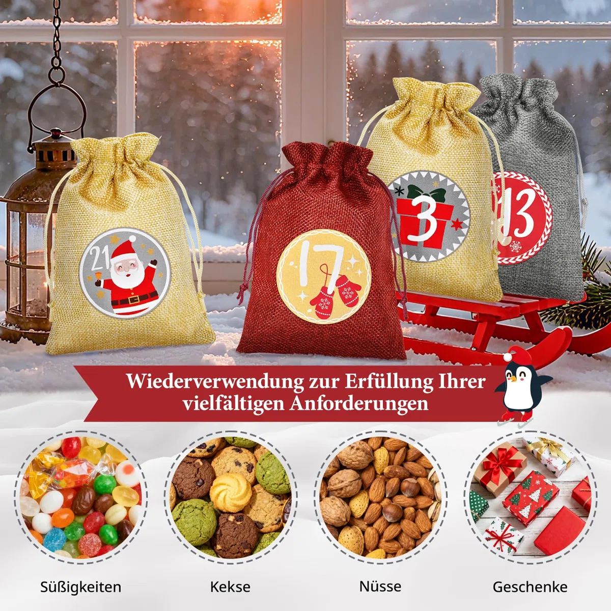 Alintor Groß Adventskalender zum Befüllen, 24 Weihnachtskalender Säckchen zum Befüllen, Adventskalender 2026 (Zahlen-Design)