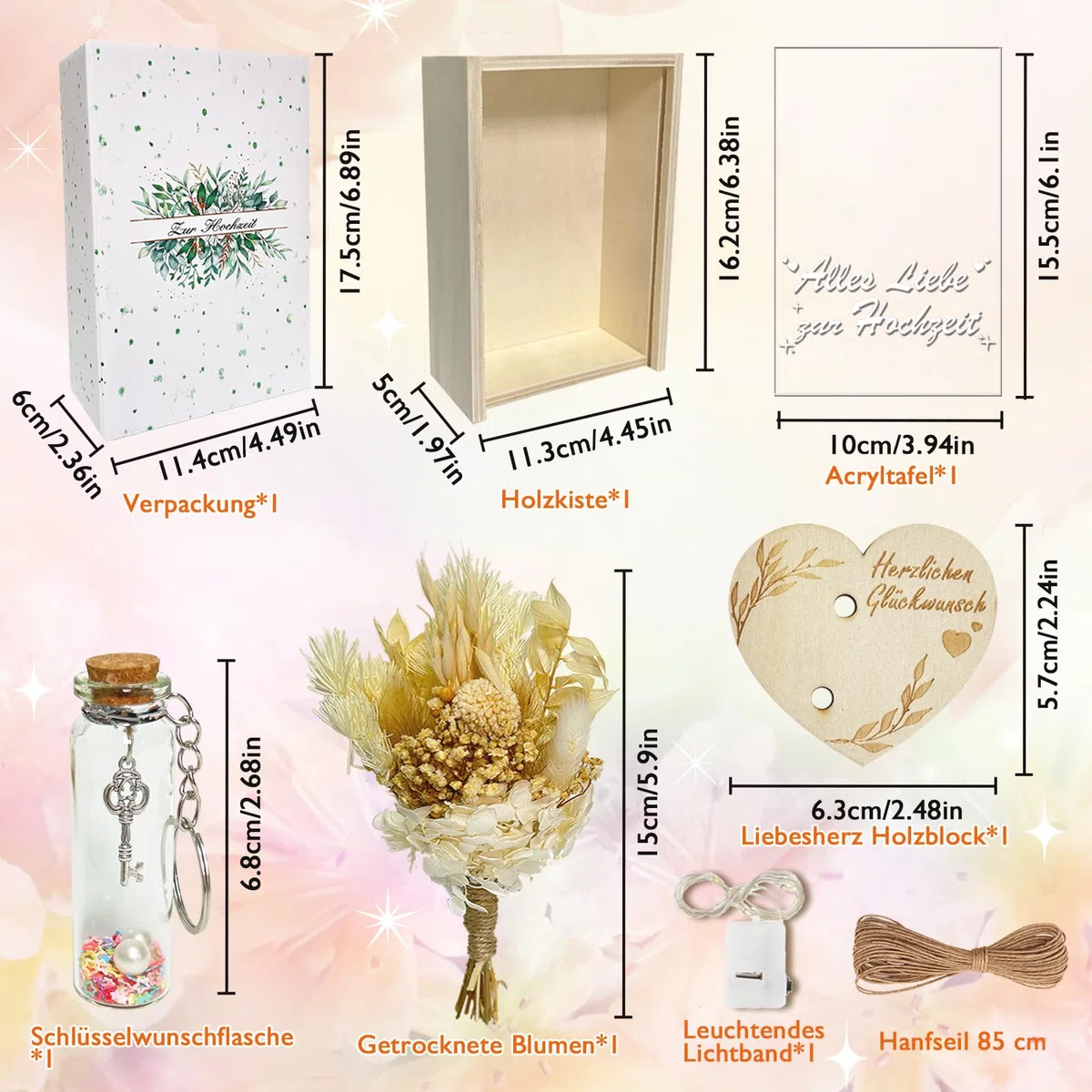 HILKKET Hölzerne Hochzeit Geschenk für Brautpaar, Geldgeschenk Hochzeit mit Ewige Blumen, Holzbox, Kunststoff Reagenzglas, Lichterketten, Wunschflasche, Garn, Hochzeitsgeschenke