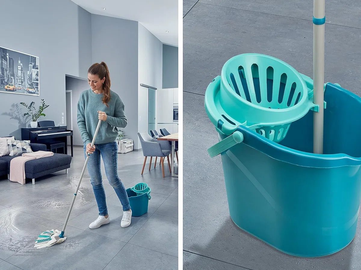 Leifheit Set Power Mop 3-in-1 mit saugstarken Fasern, komplettes Wischset mit Wischmopp und Eimer, Wischer mit flexiblen Viskose-Mopkopf-Streifen, Bodenwischer für Fliesen und Laminat