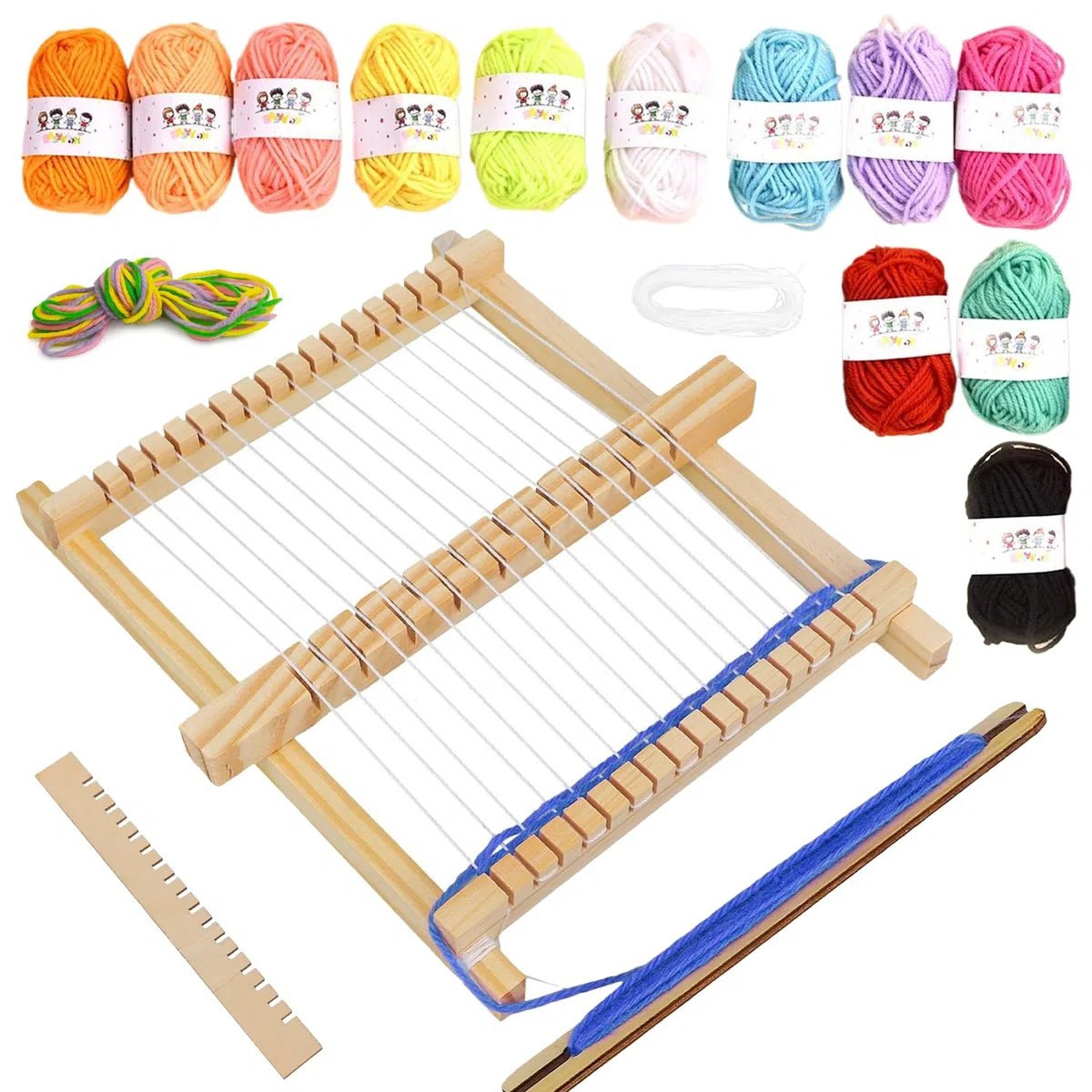 Webrahmen für Kinder mit 12 GarnbüNdeln, 20x17 cm Holz Webstuhl Set mit Farbige Wolle, DIY Holz Webrahmen Set für AnfäNger zum Stricken und Gestalten