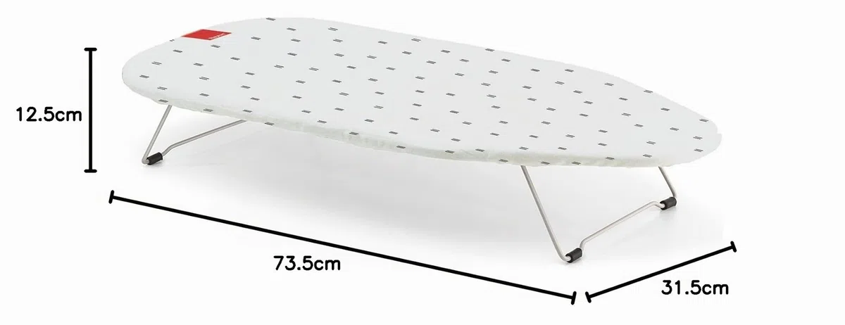 Rayen | Tischbügelbrett | Kompaktes Klappdesign | Mit Metallgitter | Aufhängbar | Bedruckt | Maße: 73,5 x 31,5 cm