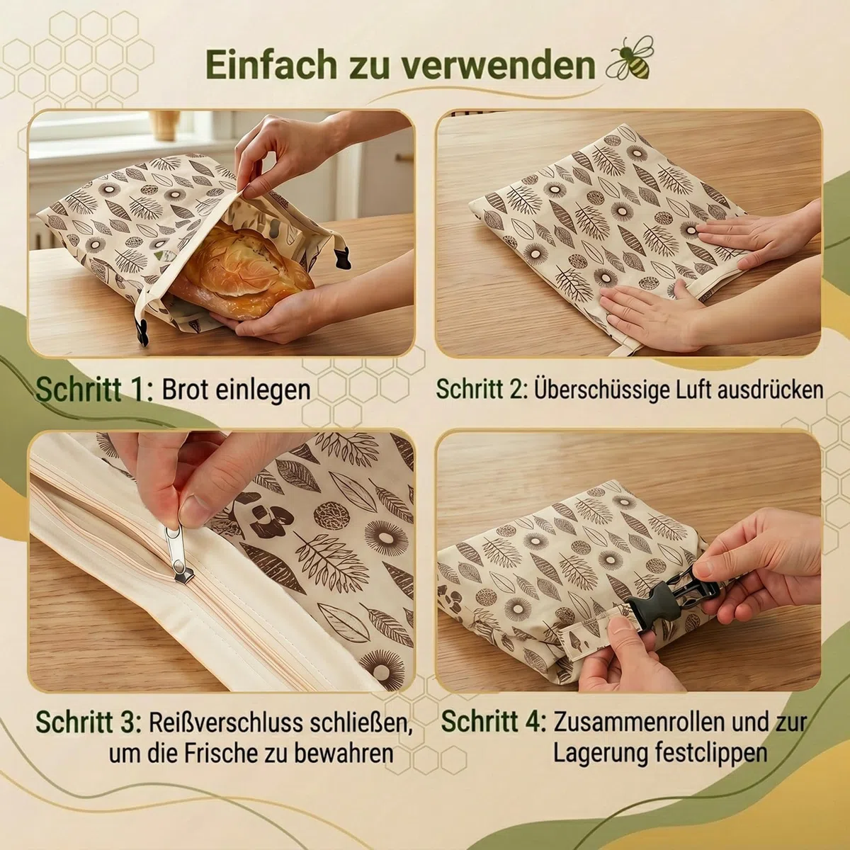 Bienenwachs Brotbeutel für Hobbybäcker: 43x33cm Wiederverwendbarer Sauerteigbeutel mit Natürlicher Bienenwachsbeschichtung, atmungsaktiv Frische, waschbar für selbstgebackenes Brot 2er Set
