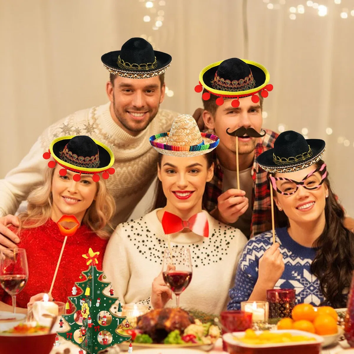 Set von 6 Cinco de Mayo Stroh Sombrero Stirnband Stoff Partyhüte mit Ball Fransen Dekoration für Fiesta Hut Partyzubehör, Perfekt für Fiesta, Dia de Muertos & Mexiko-Themenpartys