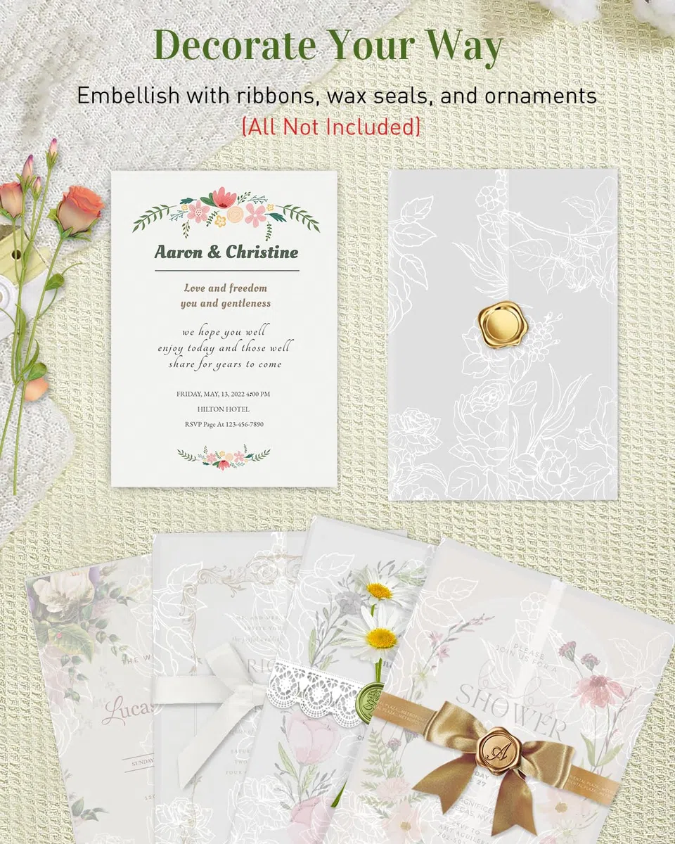 Uniclife 100er Pack Hochzeitstransparenthüllen für 13x18 cm Einladungen, 115 GSM Transparentes Pergamentpapier Einladungshüllen Vorgefaltete Florale Hochzeitseinladungsverpackungen (Weiße Rose)