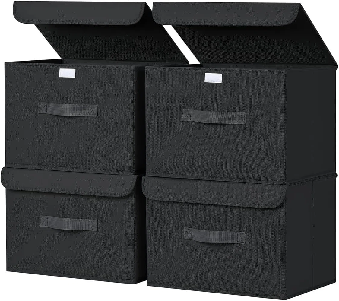 Homsorout Aufbewahrungsboxen mit Deckel, 38x25x25cm, Schwarz, 4er Set | Aufbewahrungskorb Stoff Faltbare, Ordnungsboxen Kleiderschrank Organizer, Für Kleidung, Schrank, Würfelregal, Socken