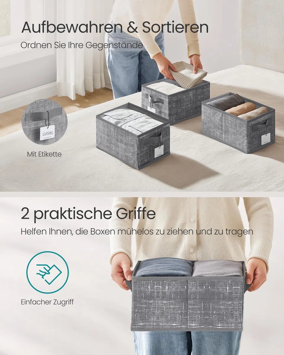 SONGMICS Aufbewahrungsbox 3er Set, zusammenklappbar, Stoffboxen aufbewahren, 30 x 20 x 15 cm, für Kleiderschrank, 2 Griffe, Etikette, für Schlafzimmer Wohnzimmer, schilfgrau ROB415G01