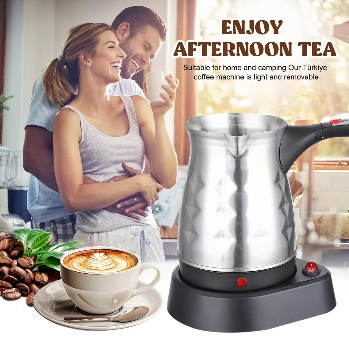Elektrische Türkische Kaffeemaschine: 500ml 600W Edelstahl Türkischer Kaffeekocher mit Faltbar Handgriff, Mokkakanne Türkische Kaffeekanne Espressokocher für Reisen, Zuhause, Büro