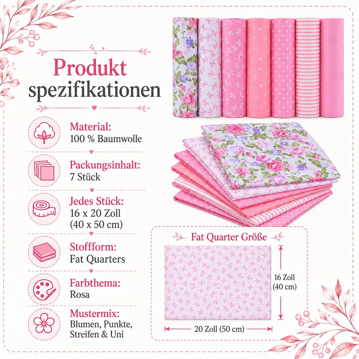 Patchwork Stoffe Paket – 7 Stück 40×50 cm – 100% Baumwolle Stoffe – Fat Quarter Stoffpaket Rosa Punkte & Blumen – Baumwollstoff für Nähen, Quilten, Patchwork, Basteln, DIY Projekte