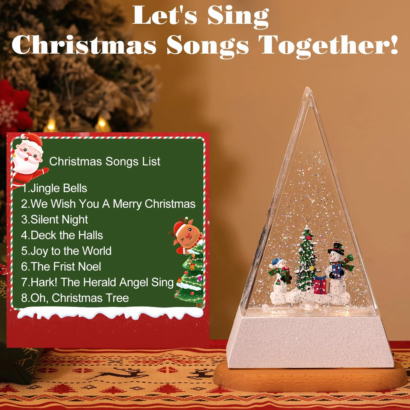 Lewondr LED Schneekugel Weihnachten mit Musik & Licht & Timer, Dreieck Elektrische Schneekugel Weihnachten mit 8 Weihnachtsliedern, Batteriebetrieben/USB-betrieben Weihnachtsmann Weihnachtslicht