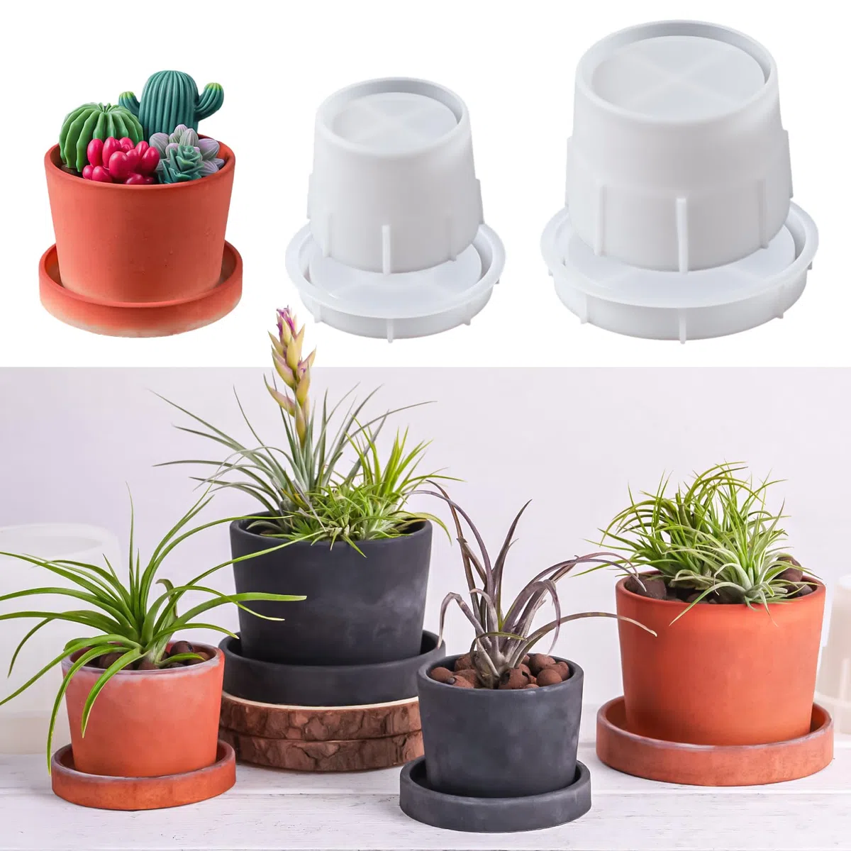 Silikonformen Gießformen 2 Stücke Blumentopf Gießform Mit Deckel - für Sukkulenten und Kaktusse, DIY Vorratsgefäß und Kerzengläser Runde Terracotta Blumentöpfe Pflanzen Deko Übertopf