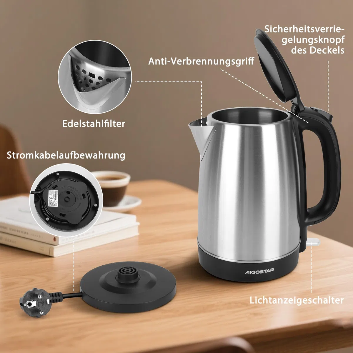Aigostar Wasserkocher Edelstahl 1,7 L, 2200W Elektrischer Wasserkocher mit Kalkfilter, Kabellos, Abschaltautomatik, ideal für Tee, Kaffee, Babynahrung, BPA-Frei, Schwarz