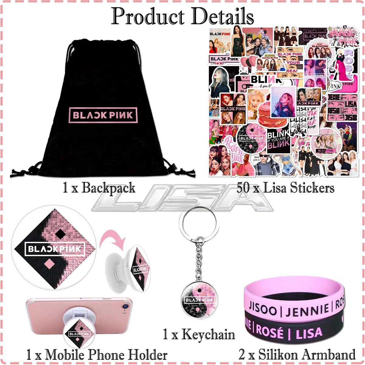 Blackpink Geschenk-Set, Fanartikel, Fans Geschenk für Blink, Blackpink Merch Kpop Blackpink Merchandise Blackpink Rucksack, Schlüsselbund LOMO-Karte Silikonarmbänder