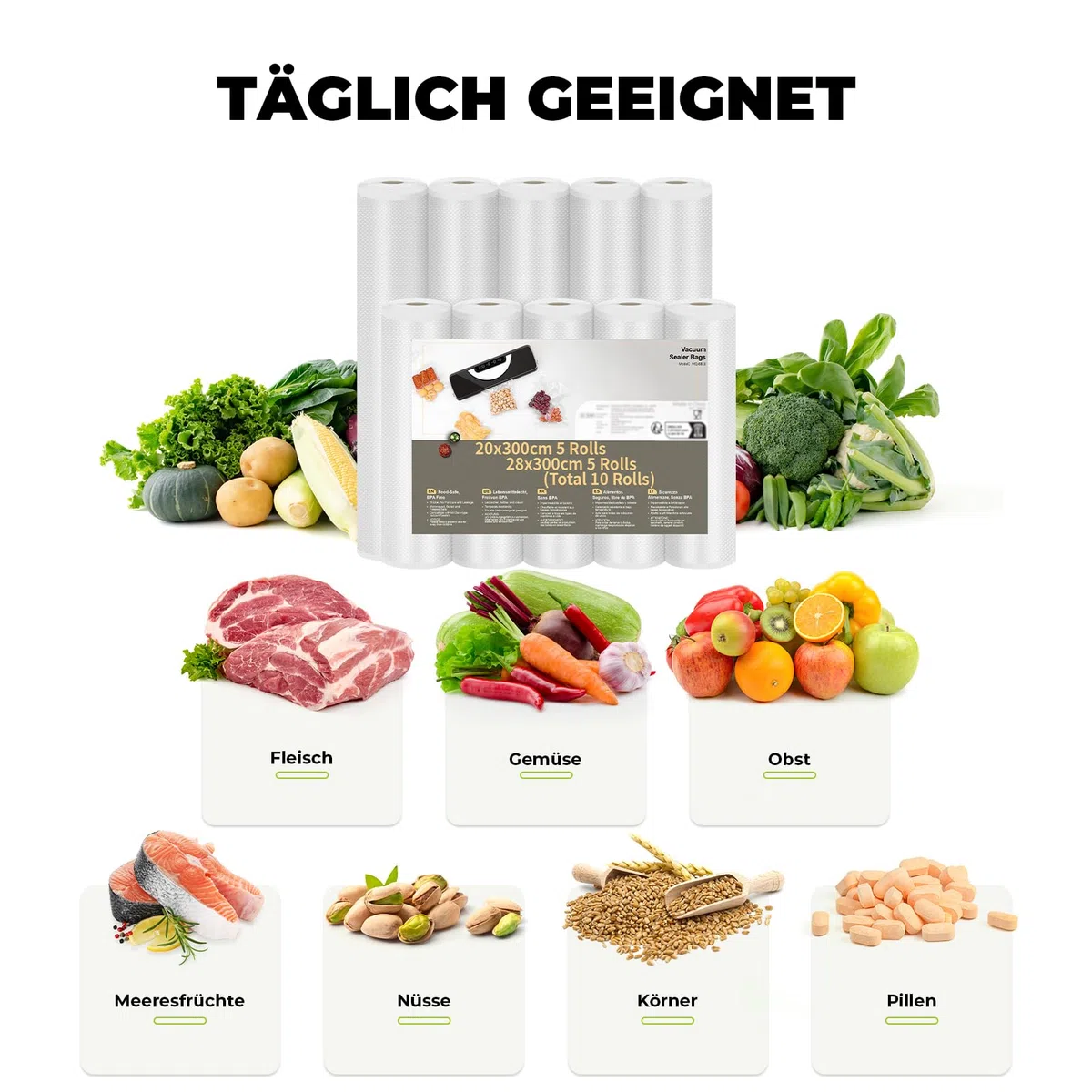 Vakuumierbeutel Rollen Vakuumierfolie 10 Rollen 20/28x300cm(30m), Profi- Folienrollen Vakuumierer Lebensmittel BPA-frei, stark & reißfest, für alle Vakuumierer & Sous Vide